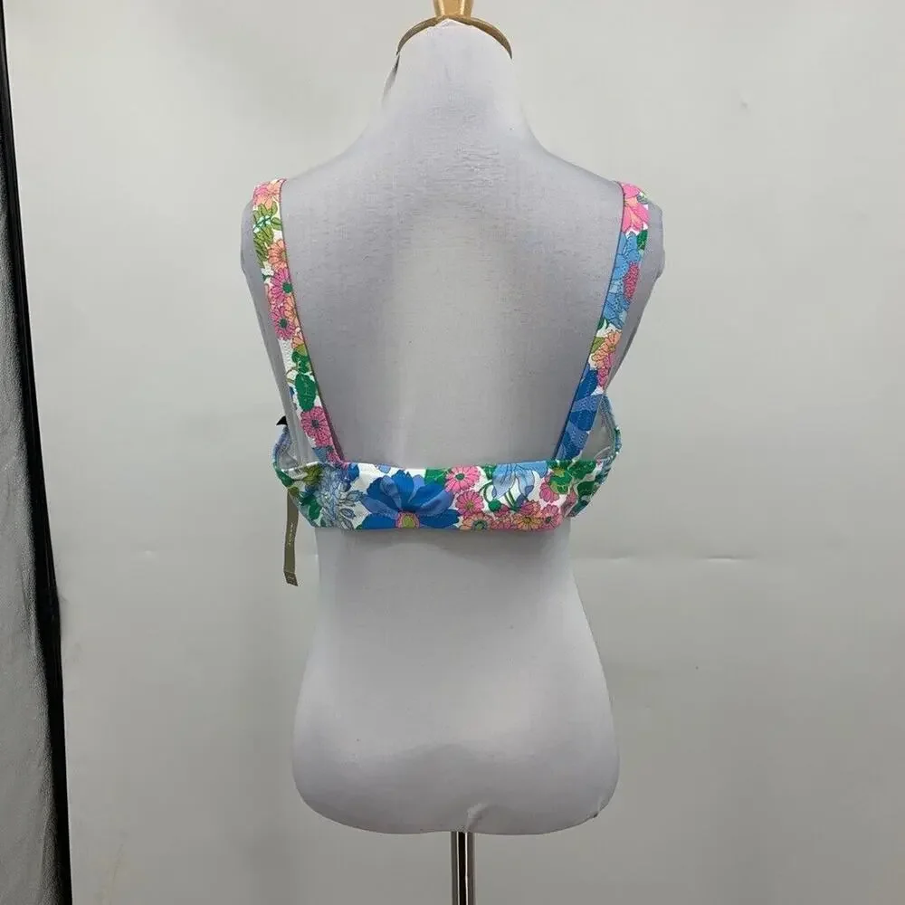 J Crew Bikini Top Womens L Large Multi Fairy Floral Print Eco Tie Front Swimwear